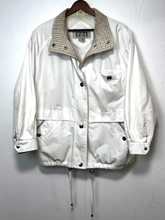 Vintage IZZI Jacket Womens S White Plaid Collar 90s Windbreaker Zip Drawstring - Picture 1 of 11